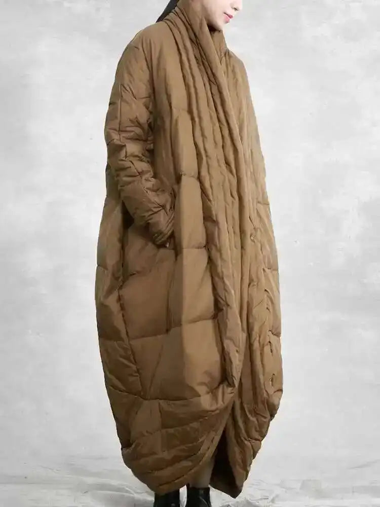 EAM Camel Big Size Thick Warm Long Down Jacket New Long Sleeve Warm Women Parkas Fashion Tide Autumn Winter 2025 31A1074