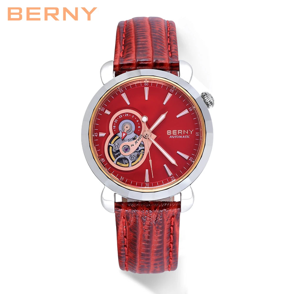 BERNY Women Watch Sapphire Glass Tungsten Steel 24 Diamonds Brown Waterproof Ladies BERNY NH39 Automatic Movement Zegarek Damski