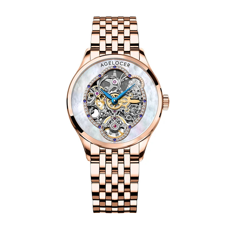 Agelocer Original Infatuated Mirror Watch Women's Luxury Gold Watch Skeleton Automatic Mechanical Watch Birthday Gift for Women