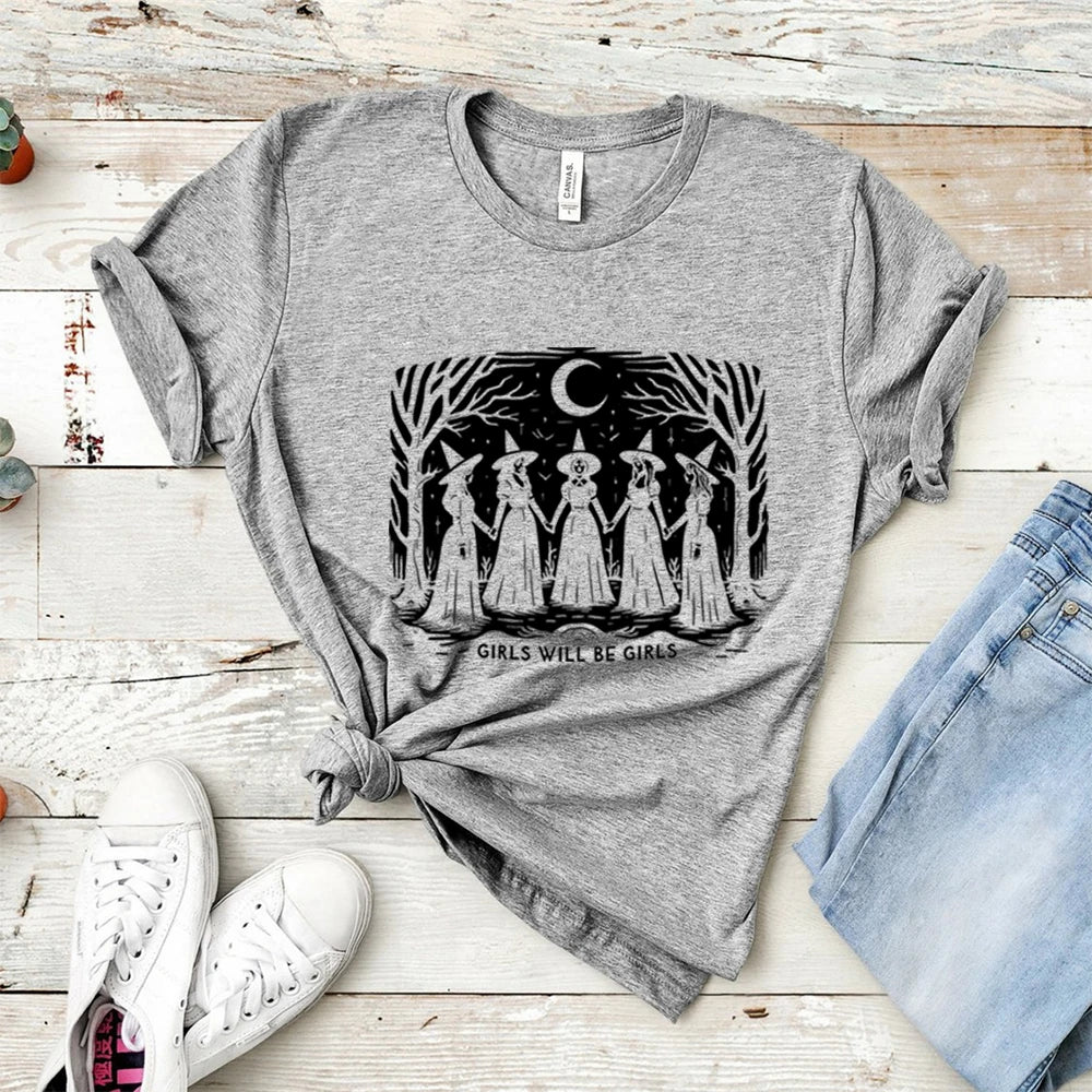 Halloween Witch Shirt Vintage Girls Will Be Girls Witch T-Shirt Women Feminist Tee Ironic Aesthetic Shirts Spooky Season Tops