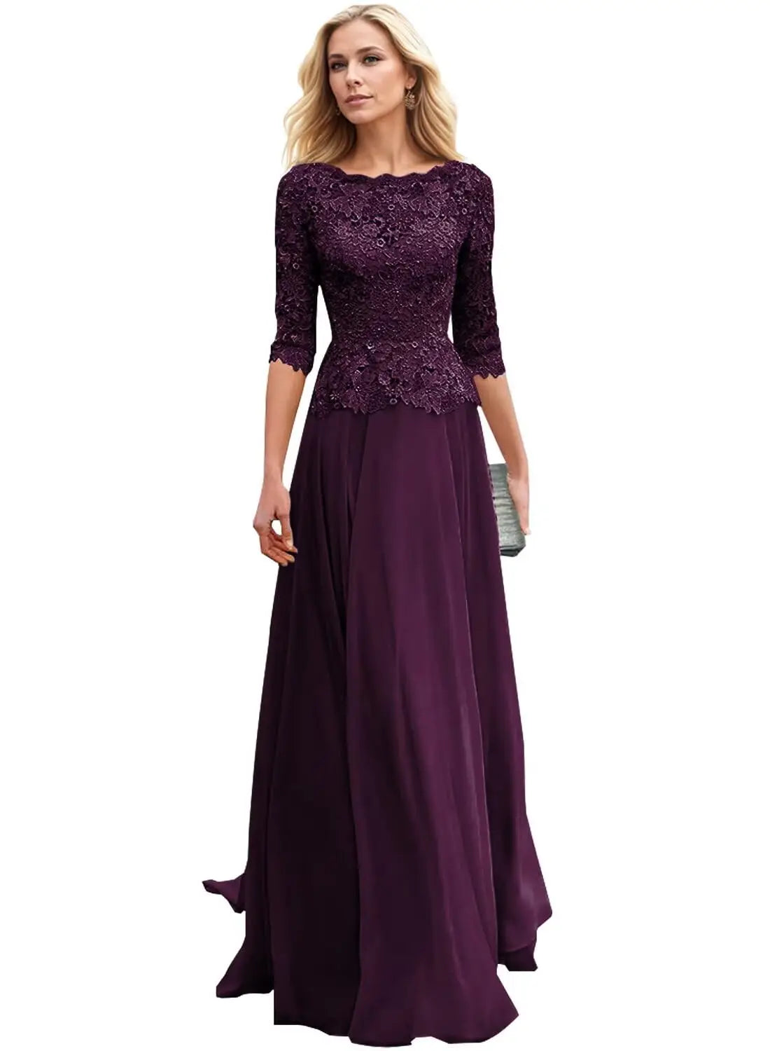Customized Women's Lace Appliques Mother Of The Bride Dress For Wedding Boat Neck Chiffon Half Sleeves Formal Wedding Guest Gown