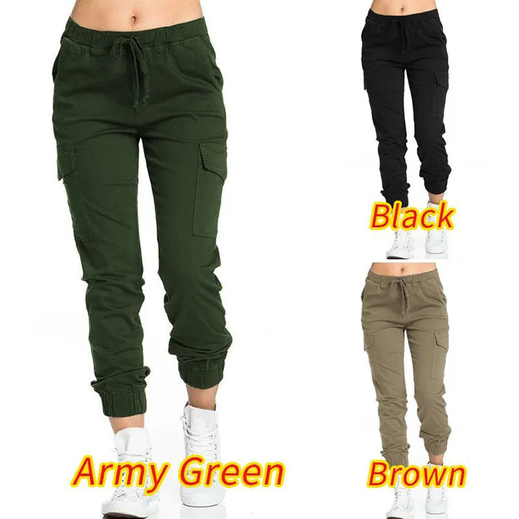New Solid Jogger Women's Cargo Pants Multi-Pocket Drawstring Elastic Waist Women Sports Pants Streetwear Casual Long Pant
