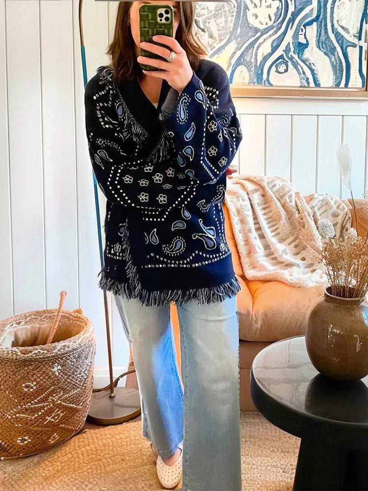 Fashion Printed Tassel Patchwork Cardigan Women V-neck Long Sleeve Loose Sweater Lady Autumn Daily Commute Street Knitwear