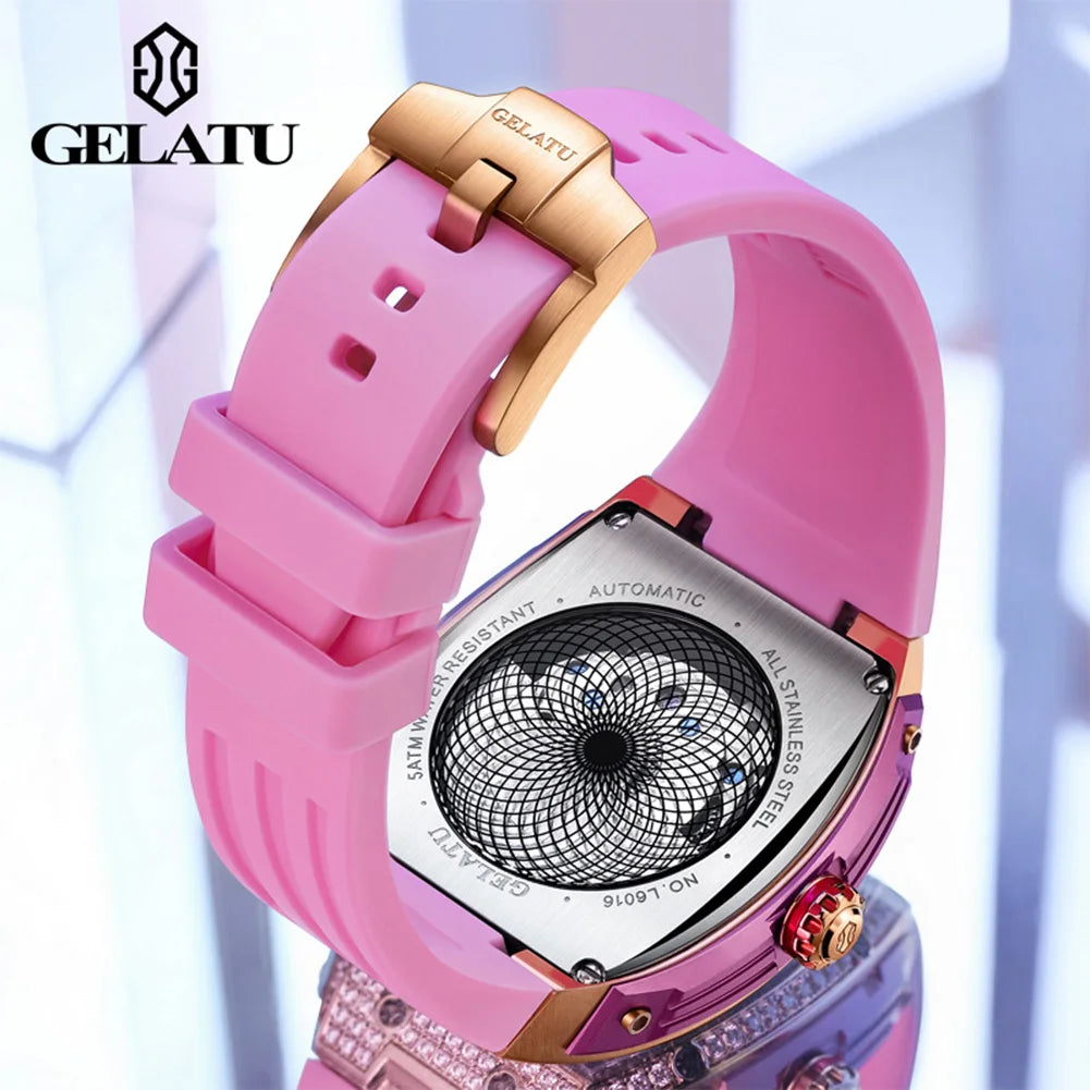GELATU 6016 Women Watch Luxury Full Diamond Hollow out Dial Silicone Waterproof Moonphase Watch Women Automatic Mechanical Watch