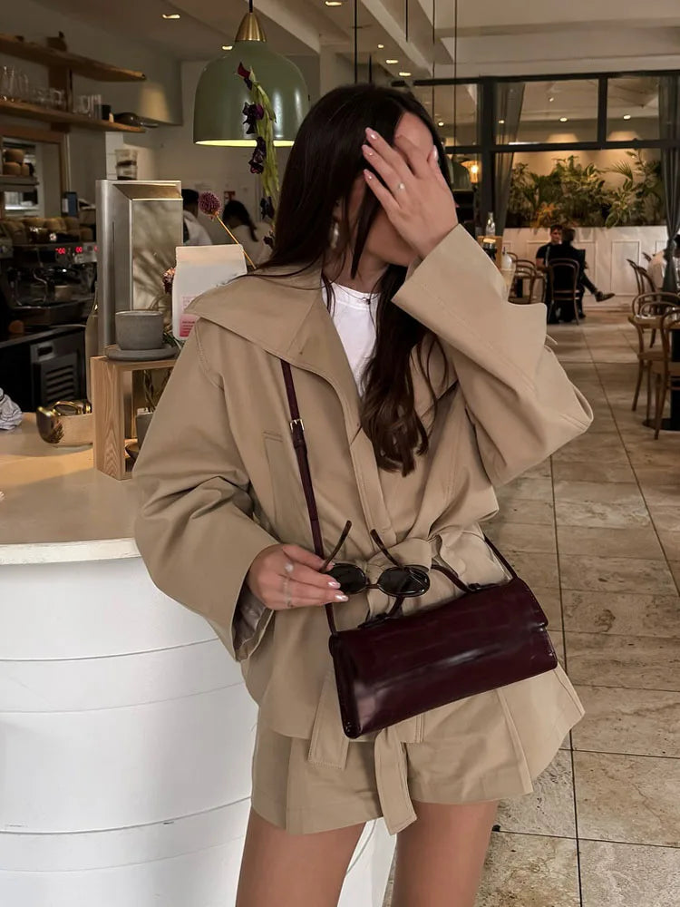 HH Women Fashion Summer Suits Solid Turn-Down Collar Long Sleeves Lace-Up Single-Breasted Jackets+High Waist Zipper Shorts