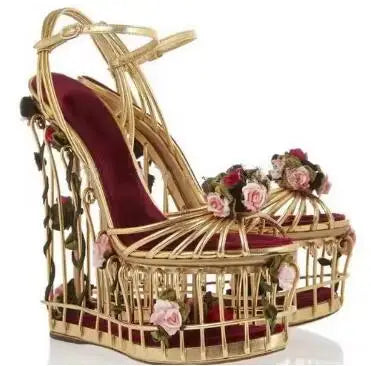 Woman Gold 3D Flower Embellished Cut-outs Bird Cage Wedges Sandals Female Thick Platform Strange Fretwork Heels Runway Shoes