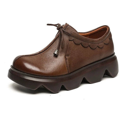 Round Head Leather Women's Shoes With Sloping Heel And Thick Soles