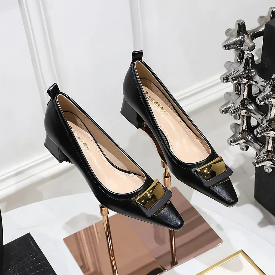 European and American Style Professional Women's Shoes With Shallow Mouth Small Square Toe Metal Buckle 4.5CM Thick Heel Shoes