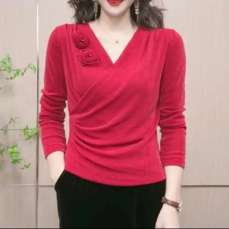 Women's Clothing Autumn Sexy V Neck 3D Flower Ruched Elegant Basic T-shirts Fashion Bright Silk Long Sleeve Slim Pullover Tops