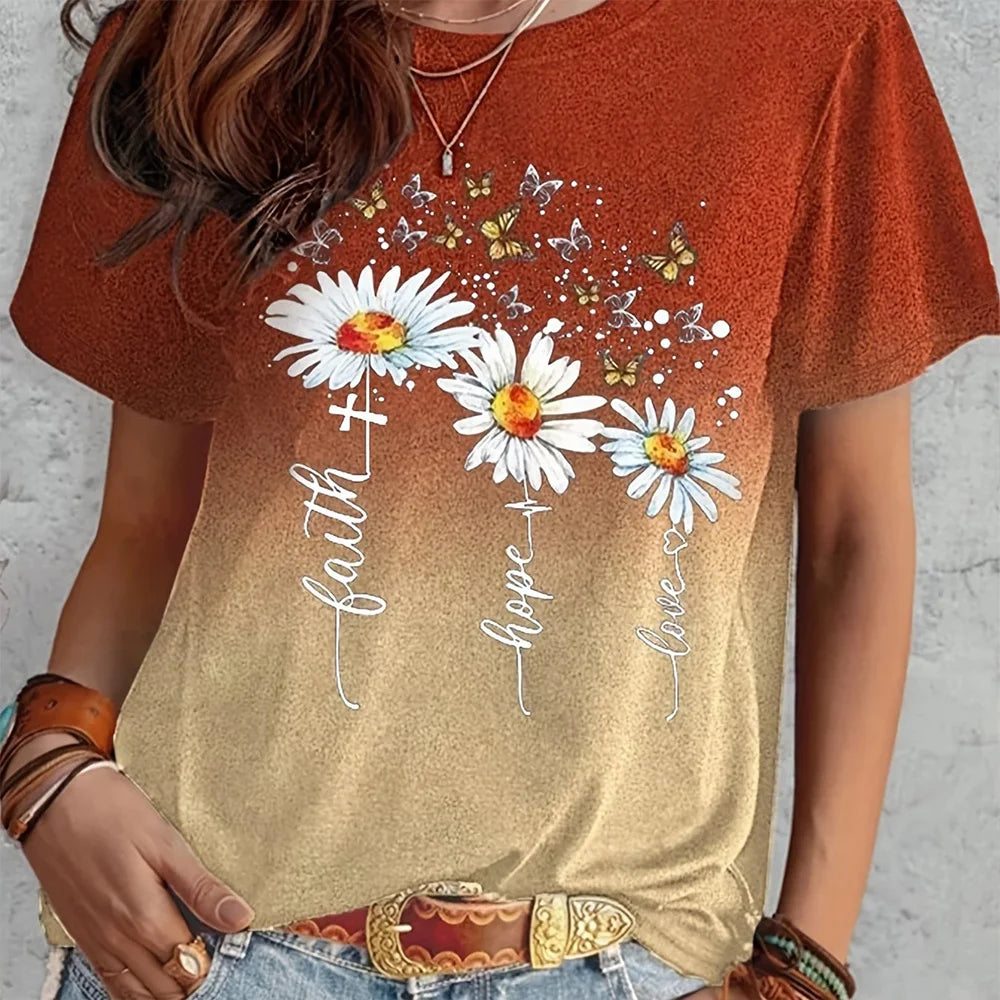Women's Gradient T-shirt Fashion Flower Print Loose Round Neck Top Casual Comfortable Short Sleeve Women's Party T-shirt 2024