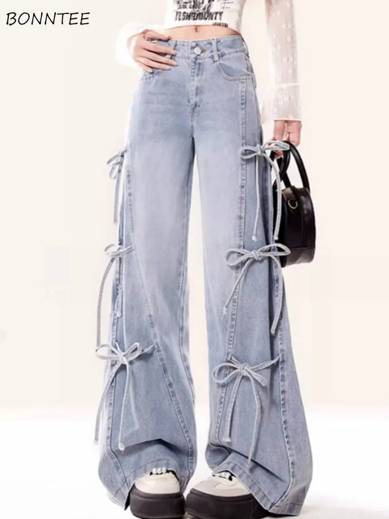 Jeans Women Vintage Bow Design Baggy Wide Leg Trousers Autumn High Waist Students Young All-match Daily Harajuku Slouchy Chic