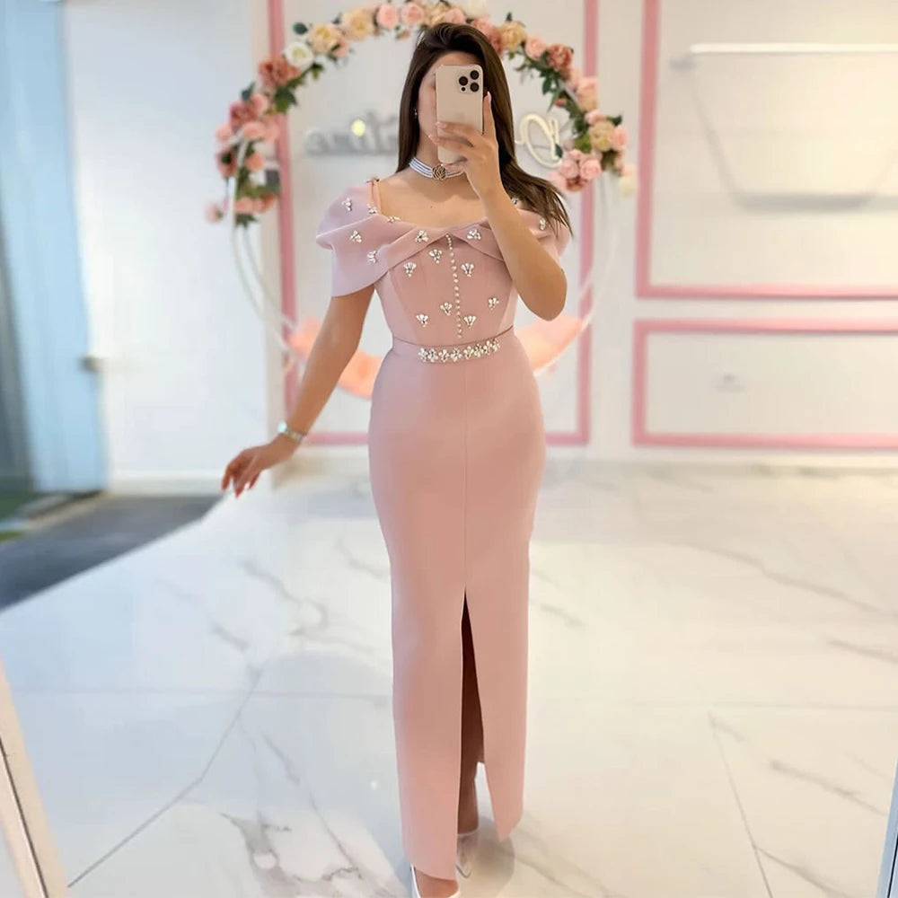 Arabian Evening Dress Crystal Customized Off The Shoulder Front Slit Ankle Length Party Dresses for Dancing Prom Gown