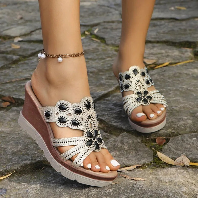 Women Round Toe Wedges Heel Shoes Ladies Casual Open Toe Comfort Spring Summer Rhinestone Slippers Party Sandals Plus Size 35-43