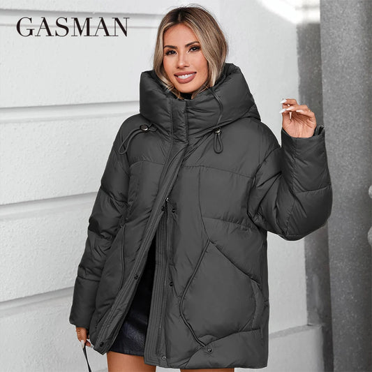 GASMAN 2024 Winter down jacket collection Fashion Solid Stand-up collar Women Coat Elegance Hooded Women's jackets 88613