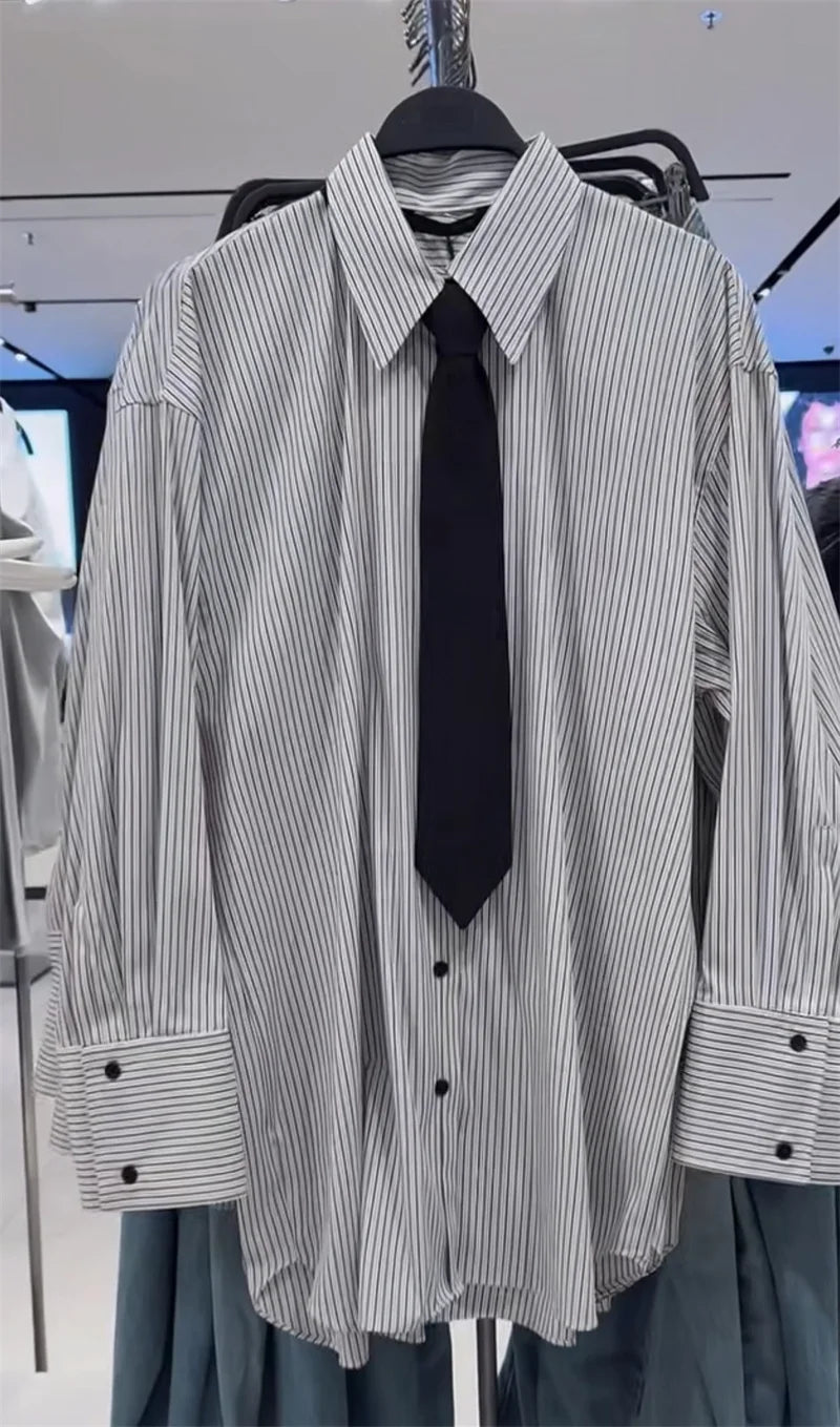 Ladies' shirt  new style  loose plus size  wearing tie  silk striped shirt  women's casual comfortable top