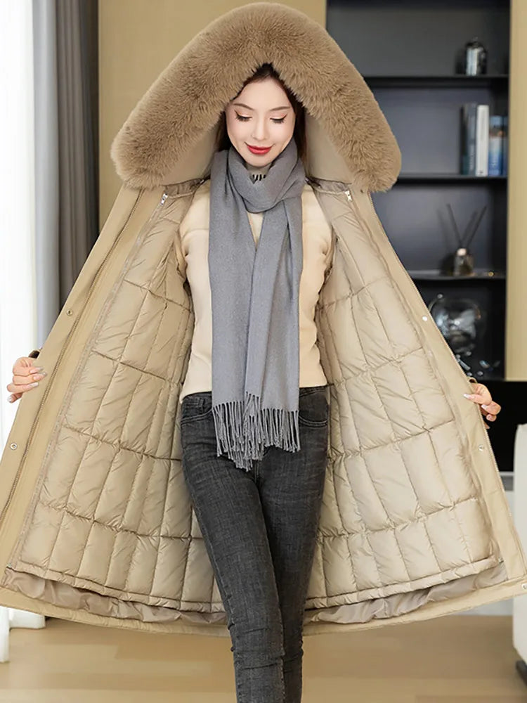 Vielleicht 2024 New Winter Women Puffer Jacket Removable Liner Fur Hooded Cotton Padded Coat Long Parkas Clothes Women Outwear