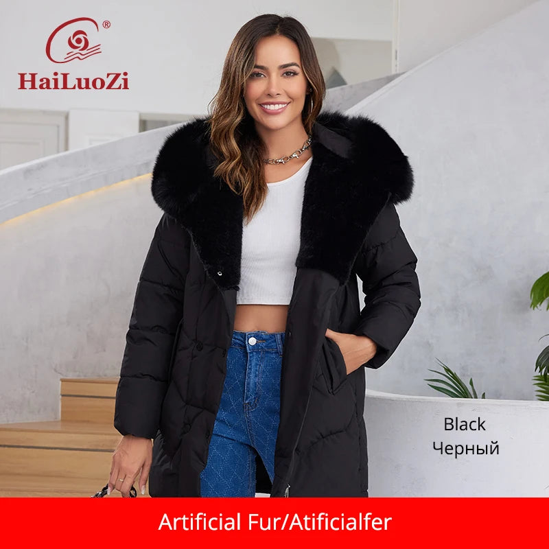 HaiLuoZi 2023 New Winter Down Jacket Warm Hood with Detached Fur Short Female Outwear Elegent Solid Color Thick Coats Women 1158