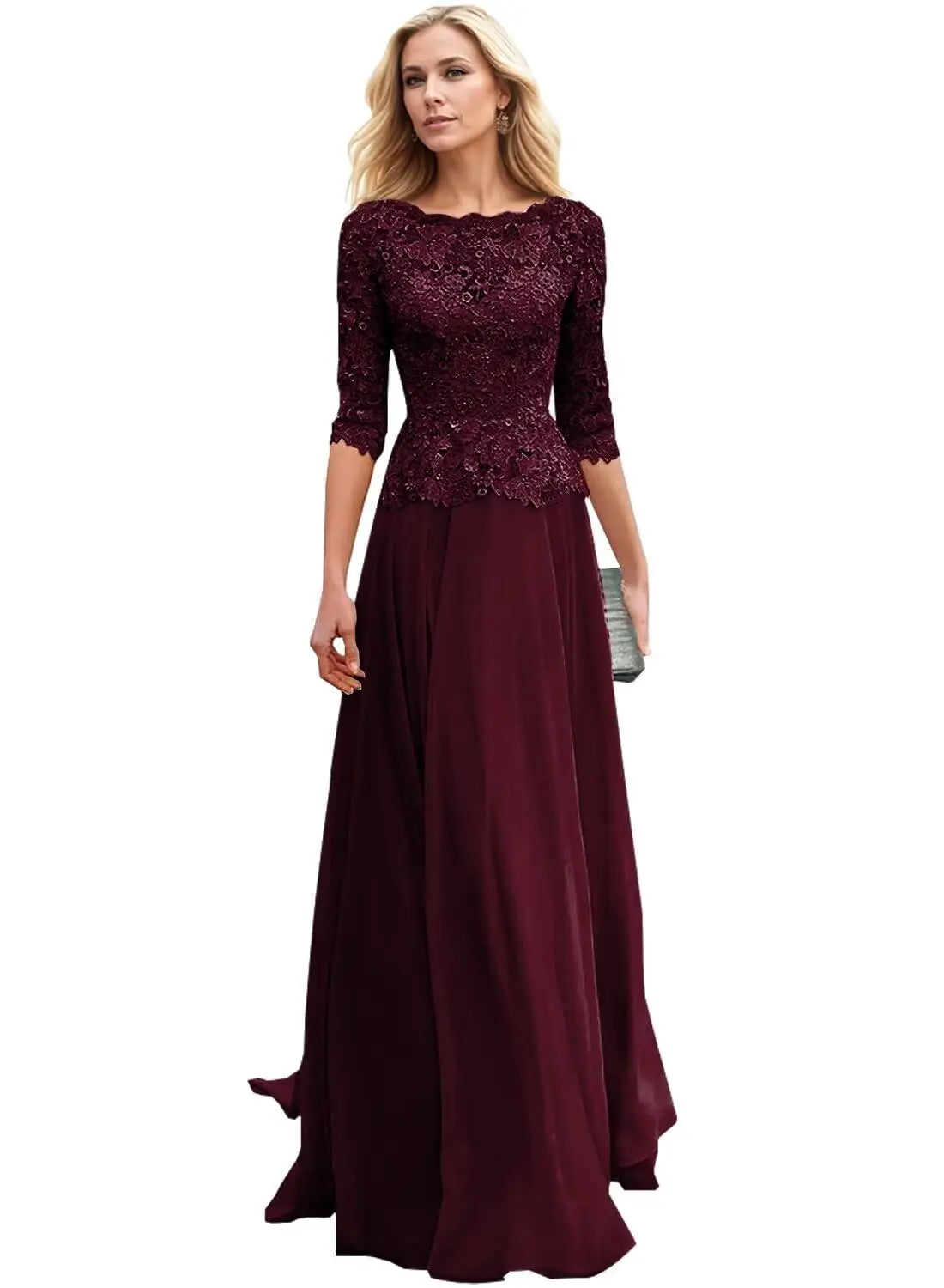 Customized Women's Lace Appliques Mother Of The Bride Dress For Wedding Boat Neck Chiffon Half Sleeves Formal Wedding Guest Gown