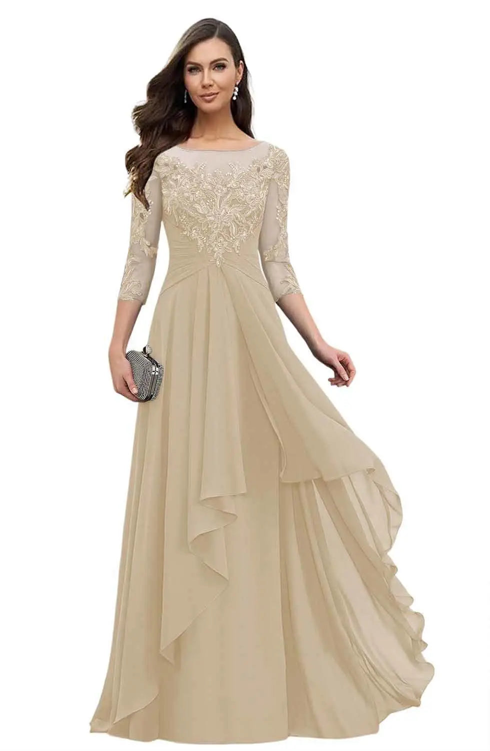 Women's Elegant Lace Mother of The Bride Dresses Scoop Neck Chiffon Ruffles Formal Evening Gowns A-Line Wedding Guest Gowns