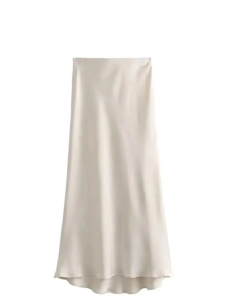 HH 2024 Y2K Casual Women Long Skirt Spring Elastic High Waisted A-Line Casual Female Satin Skirts High Street Lady Skirts