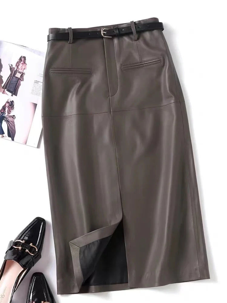 Women Long Leather Skirt 2025 Winter Euro-American Calf Length 100% Sheepskin Slim Pencil Skirt With Belt Femme Front Split Saia