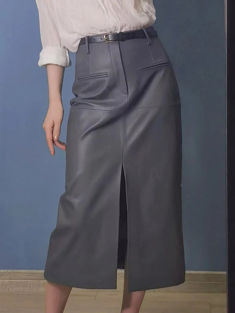 Women Long Leather Skirt 2025 Winter Euro-American Calf Length 100% Sheepskin Slim Pencil Skirt With Belt Femme Front Split Saia