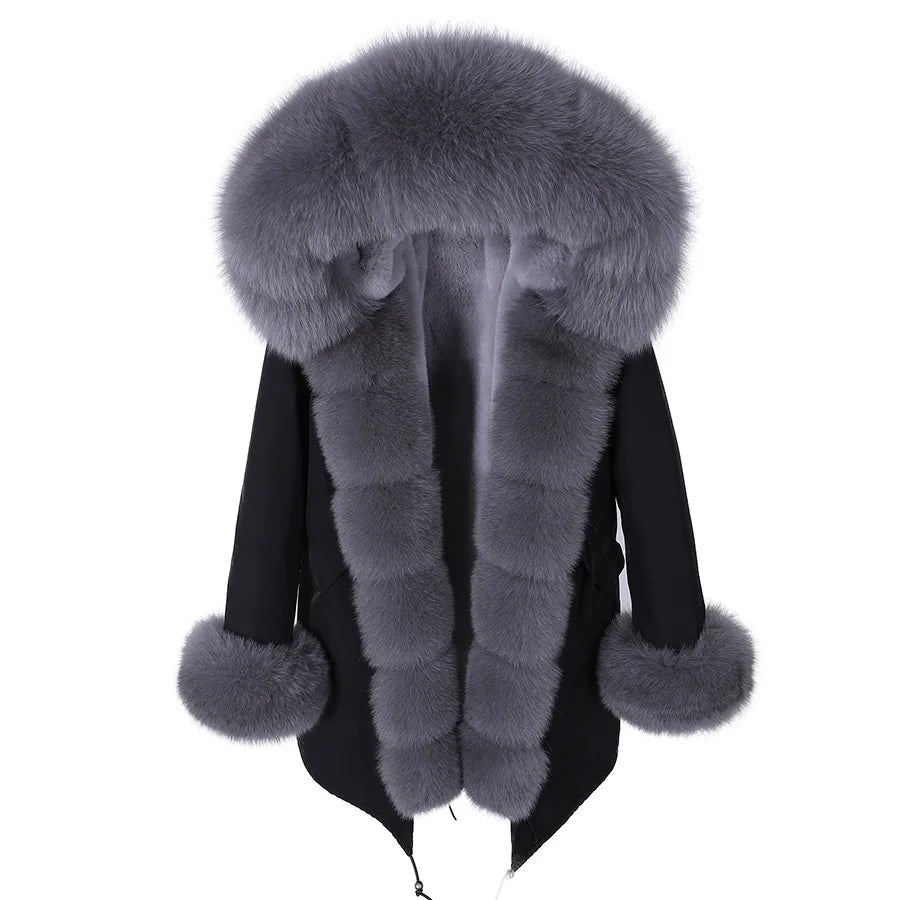 Maomaokong Winter Women Luxur Beige Fur Coat Natural Real Fox Fur Waterproof Jacket Hooded Thick Warm Fashion Long Black Parkas