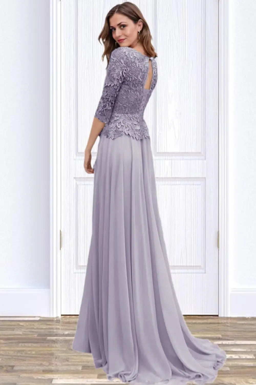 Customized Women's Lace Appliques Mother Of The Bride Dress For Wedding Boat Neck Chiffon Half Sleeves Formal Wedding Guest Gown