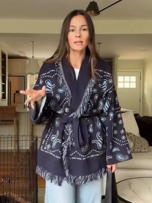 Fashion Printed Tassel Patchwork Cardigan Women V-neck Long Sleeve Loose Sweater Lady Autumn Daily Commute Street Knitwear