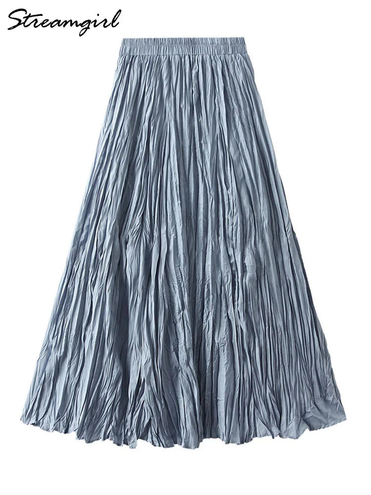 Streamgirl Women Summer Skirts Long Pleated A Line Elegant Solid Big Swing Maxi Skirt Ladies Blue White Beach Skirt Women Luxury