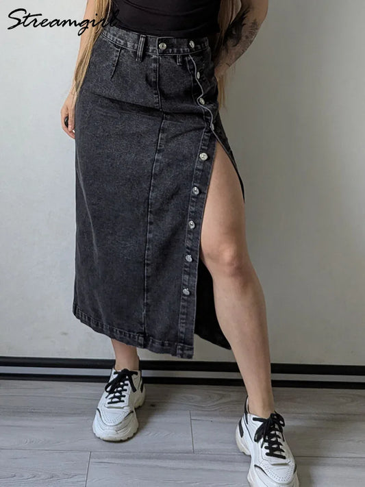 Women Midi Denim Skirt High Waist Summer Long Black Button Jeans Skirt Woman Casual A Line Slit Maxi Denim Skirts For Women