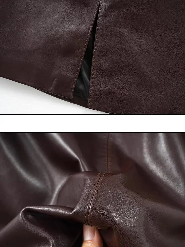 Real leather Women Skirts Ladies 100% Sheepskin Leather Jupe Femme Front Split Sexy Wrap Saias Mujer Mid-Length Burgundy Faldas