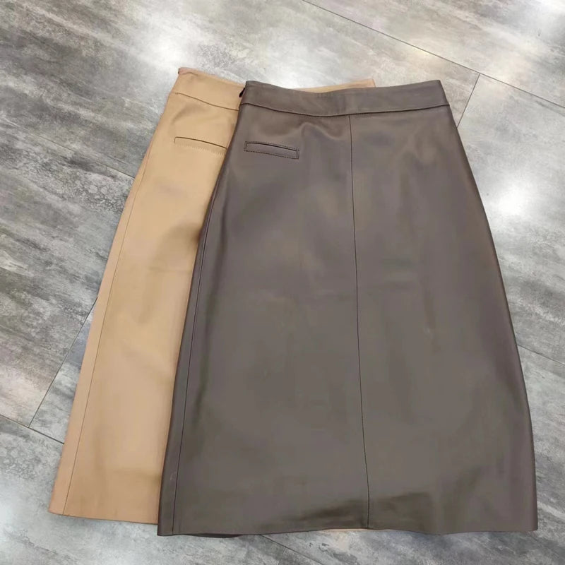 Spring New Genuine Leather Skirt For Women High Sense Vintage A-line 70 cm Jupe Longue Femme Simple Maxi Apricot Black Etekler