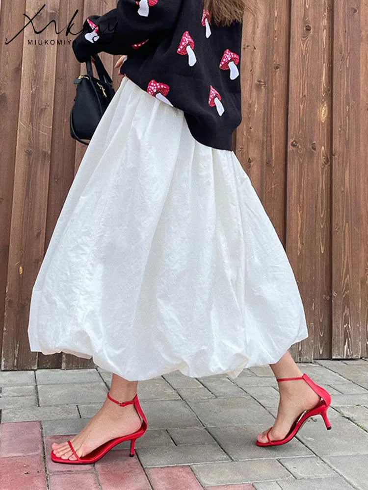 MiuKoMiYa White Midi Bubble Skirt Women High Waist Autumn 2025 Loose Pockets Women's Skirts A-line Solid Women Black Midi Skirts