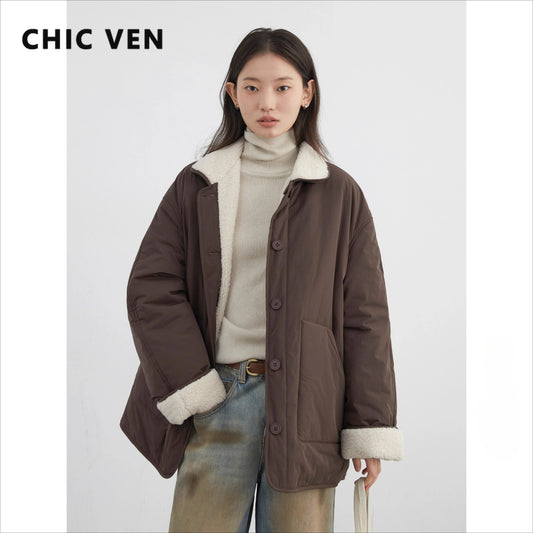 CHIC VEN New Korean Women Parkas Single Breasted Loose Casual Thick Female Jacket Reversible Coat Winter 2025