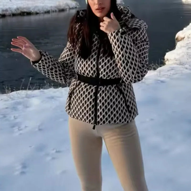 2025 New Women's Ski Series Stand-up Collar Hooded Down Cotton Jacket With Belt Winter Waist Warm Windproof Cuffs Commuter Coats