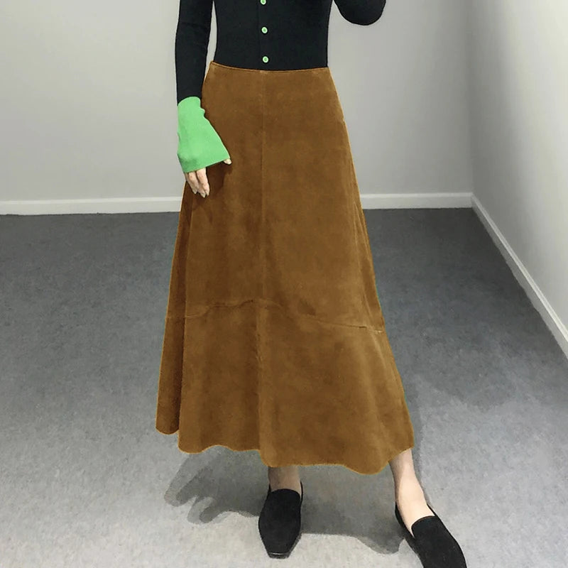 Women Purple Suede Leather Skirt 2025 Trend Spring Harajuku Big Hem 85 cm Long Faldas Mujer Chic Bohemian 100% Leather Dress