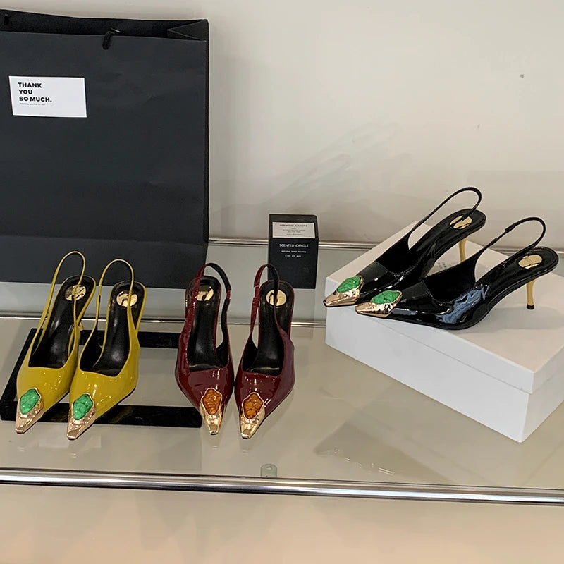 2025 Summer Women's Slingback High Heel Sandals Pointed Toe Sexy Striptease Women's Sandals Beach Slippers Zapatillas Mujer