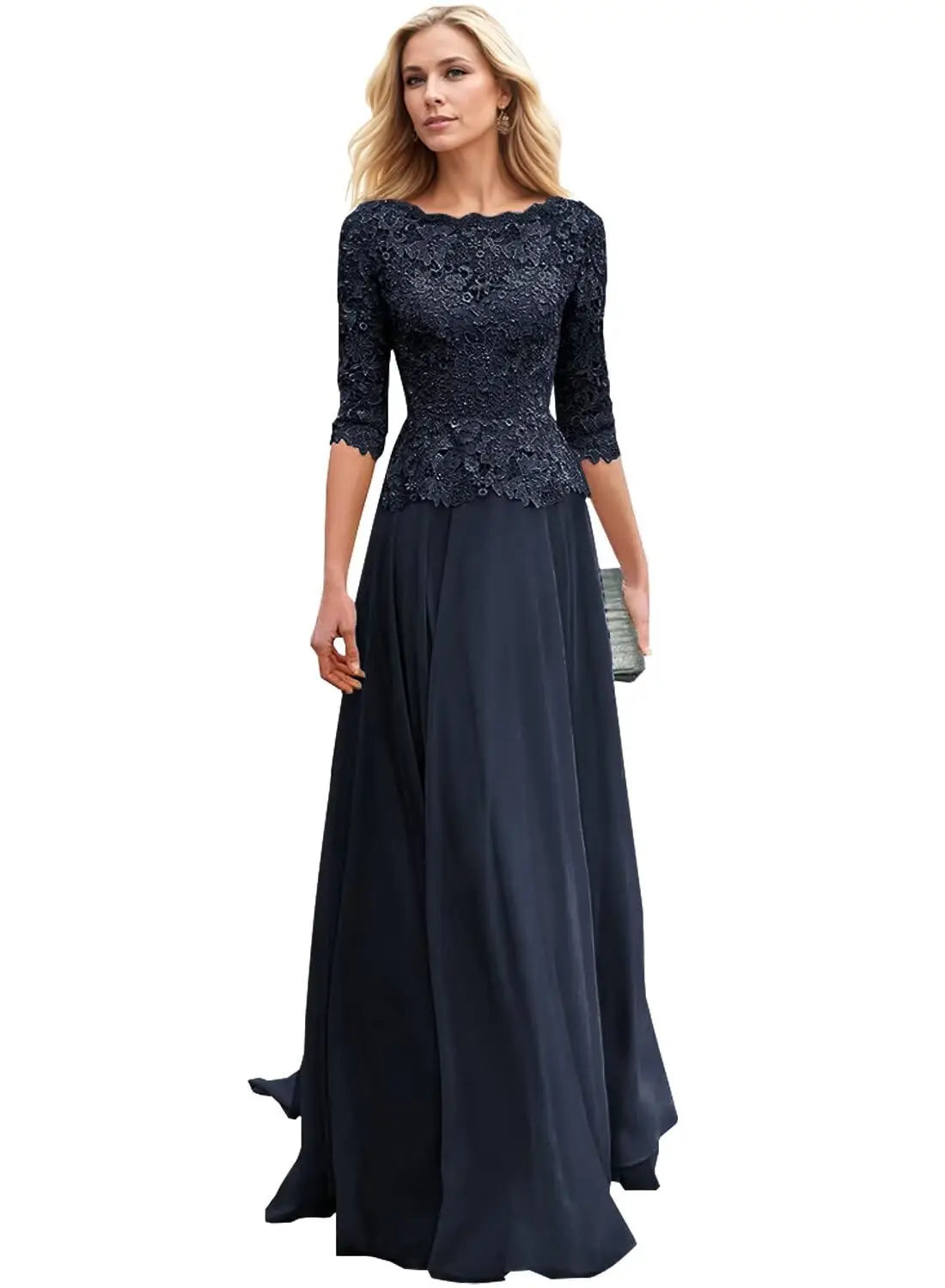 Customized Women's Lace Appliques Mother Of The Bride Dress For Wedding Boat Neck Chiffon Half Sleeves Formal Wedding Guest Gown