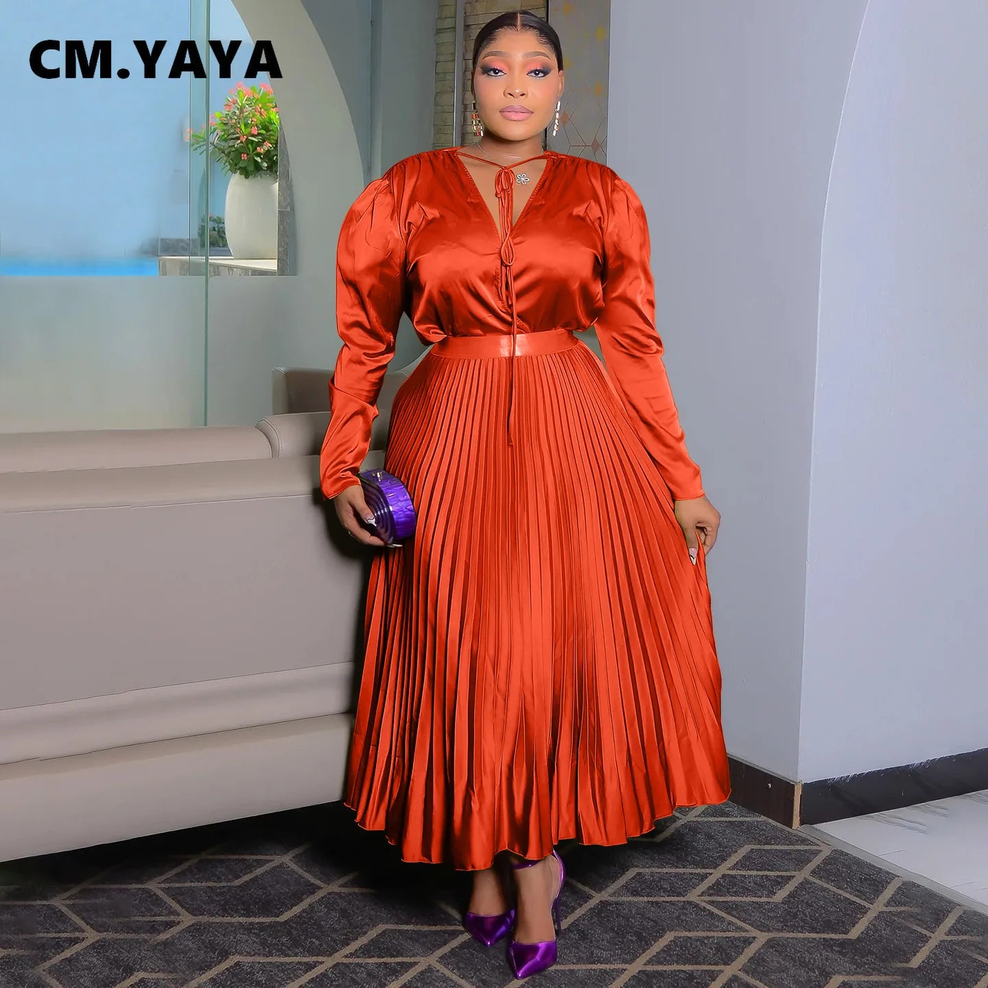CM.YAYA Plus Size Women's Dress Set Long Sleeve V-neck Blouse and Pleated Maxi Long Skirts Suit Birthday Two 2 Piece Set Outfits