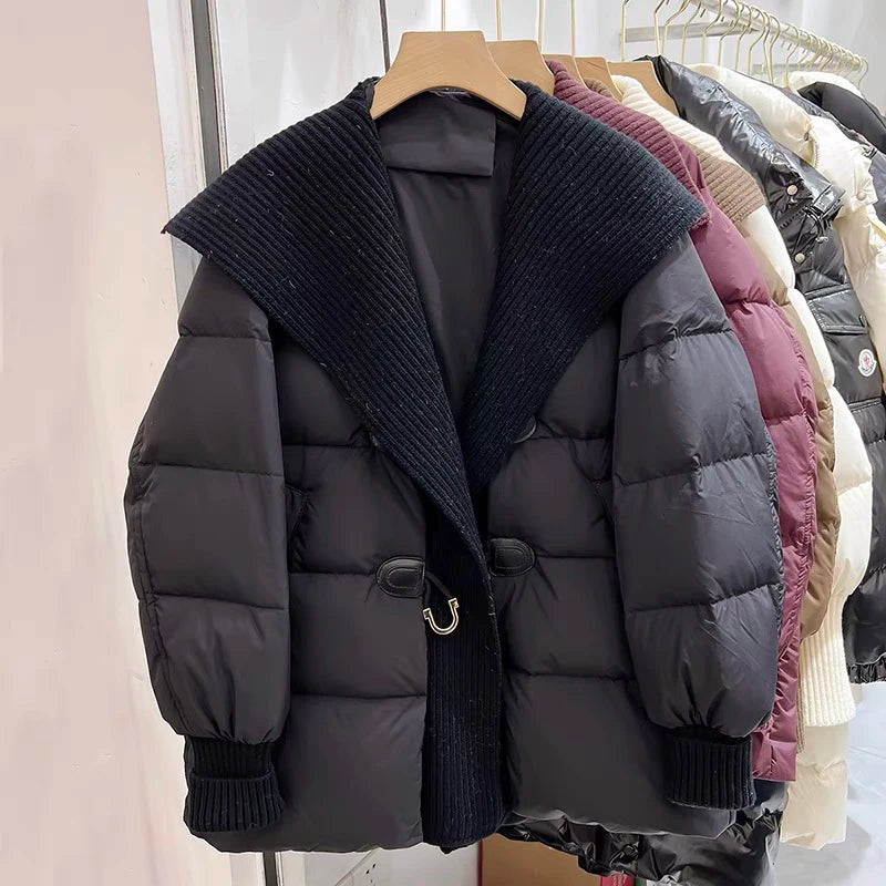 Winter Thick Mid Long Cow Horn Buckle Jacket Women Fashion White Duck Down Parka Outwear Female Large Lapel Loose Down Jacket