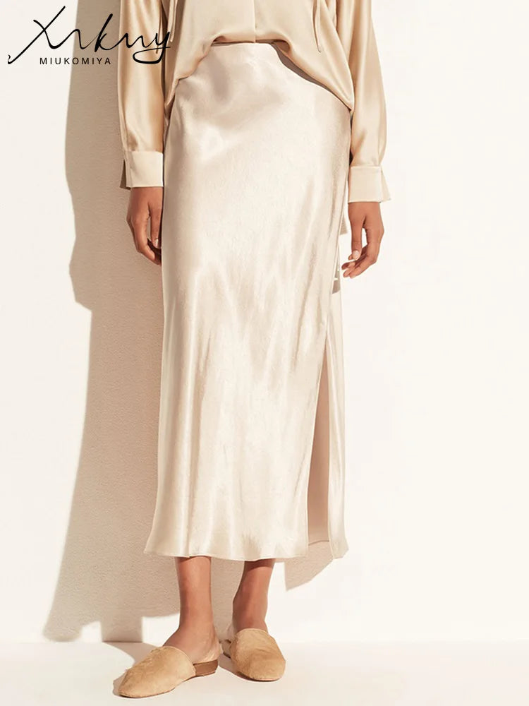 MiuKoMiYa Black Women Long Skirts High Waist Slit Satin Maxi Skirt 2025 Summer Elastic Waist Beige Skirt For Women Long Silk
