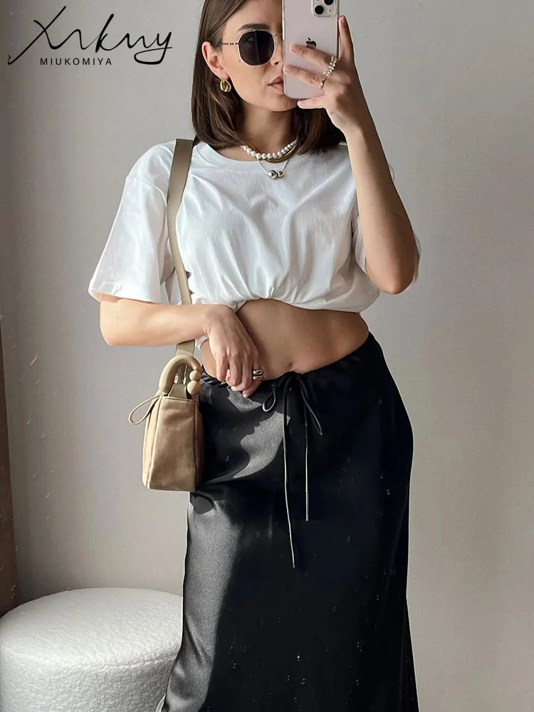 High Waist Long Satin Skirts For Women Spring 2025 Black High Quality Women's Drawstring Gray Satin Long Skirt Mermaid Beige