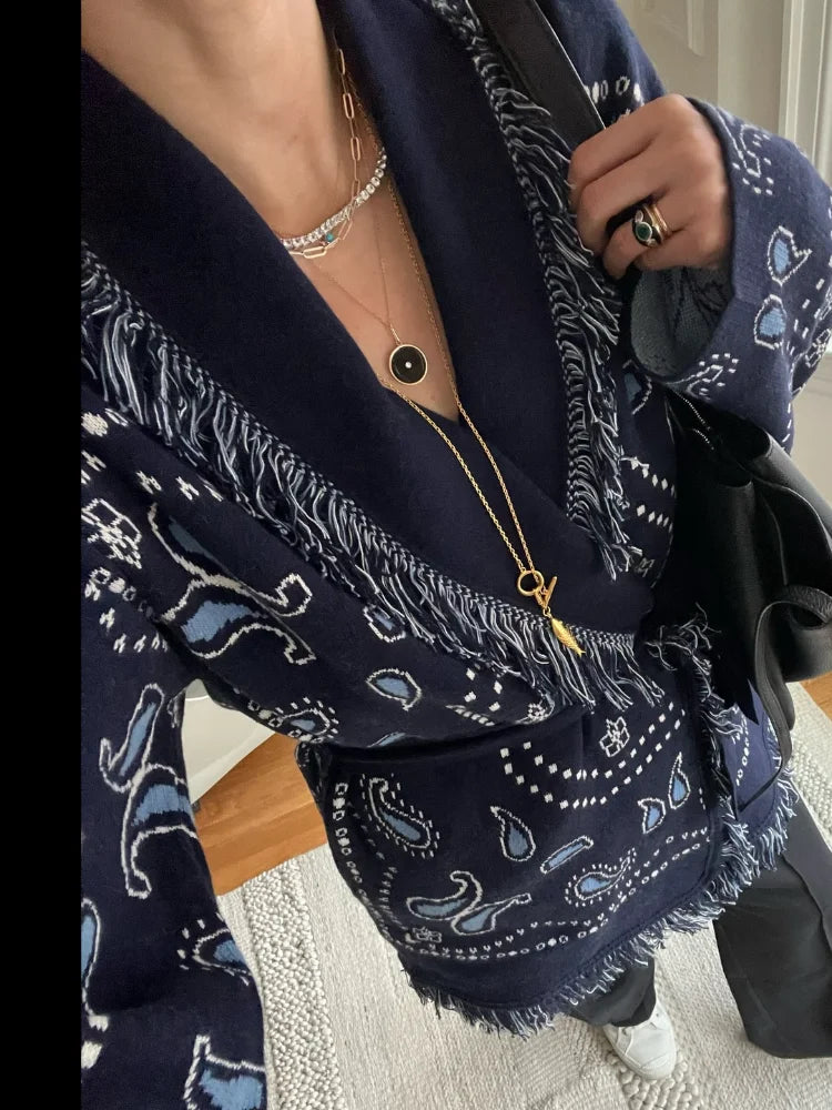 Fashion Printed Tassel Patchwork Cardigan Women V-neck Long Sleeve Loose Sweater Lady Autumn Daily Commute Street Knitwear