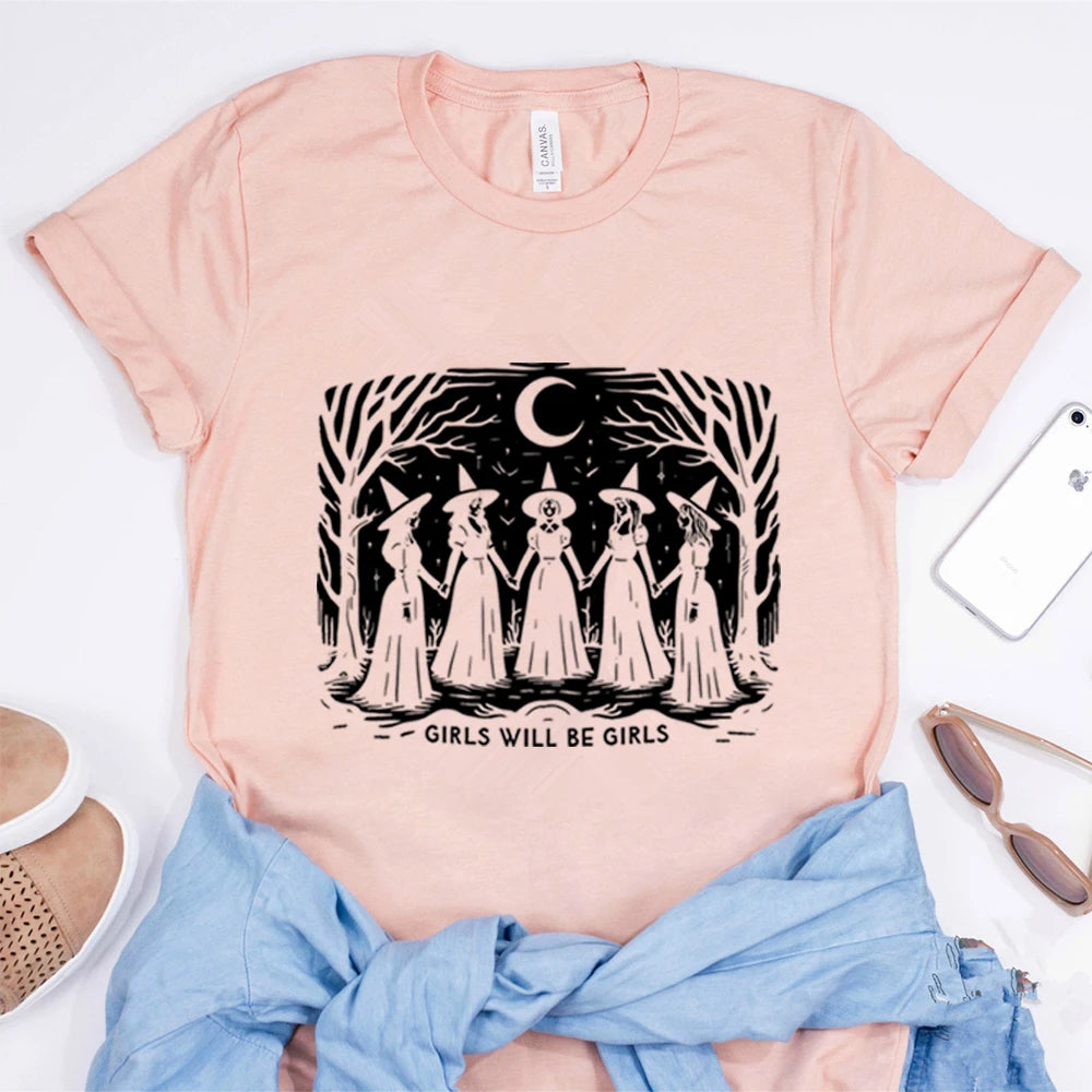 Halloween Witch Shirt Vintage Girls Will Be Girls Witch T-Shirt Women Feminist Tee Ironic Aesthetic Shirts Spooky Season Tops