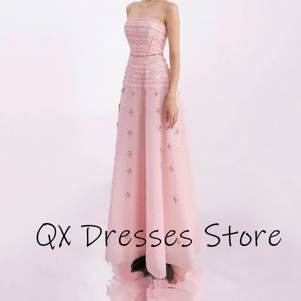 Customized Strapless Simple Crystal Chiffon Women's Evening Dress Backless Draped Party Dress A-line Ankle Length Prom Gown
