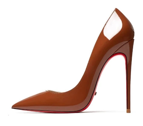 HLTINO 12CM Brown Patent Leather Pumps Women Red Bottom Heels Elegant High Heeled Stilettos Evening Shoe for Party
