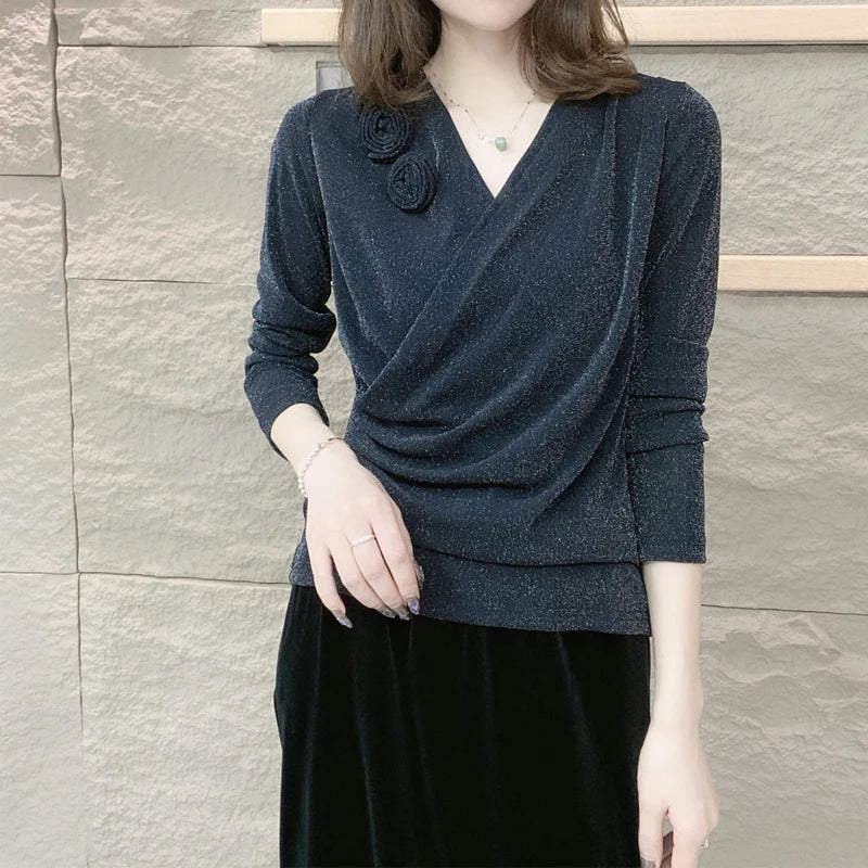 Women's Clothing Autumn Sexy V Neck 3D Flower Ruched Elegant Basic T-shirts Fashion Bright Silk Long Sleeve Slim Pullover Tops