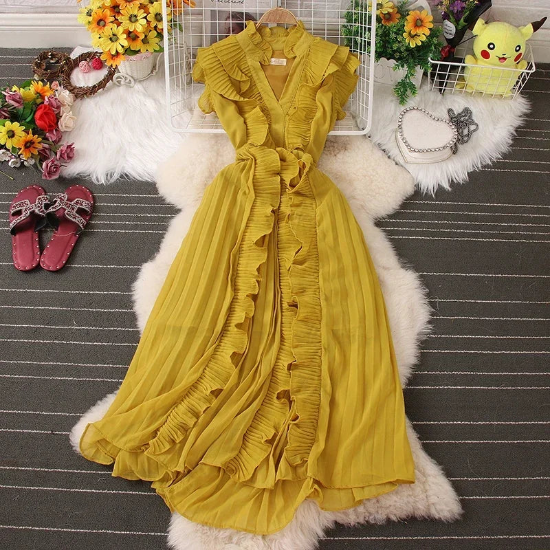Sweet Ruffles Skinny Dresses Spring Casual Sleeveless V-neck Elastic High Waist Pleated Femme Vestidos Chic Solid Colours Dress