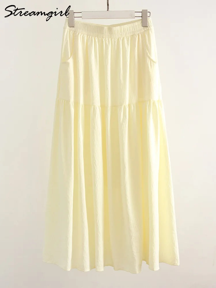 White Long Cake Skirt Women Summer Loose Yellow Skirts Ruffles Female High Waist Lazy Cake Midi Skirts With Pockets A Line Pink